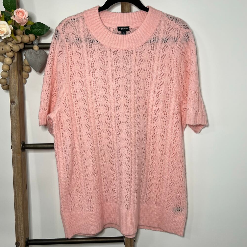 Torrid Pink Short Sleeve Pointelle Knit Sweater